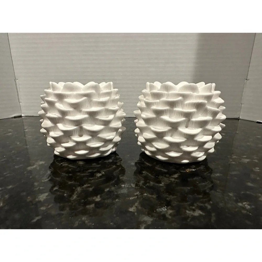 2 White Ceramic Pinecone Shaped Votive Holders